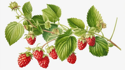 Raspberries and Flowers on a Branch, Watercolor Painting