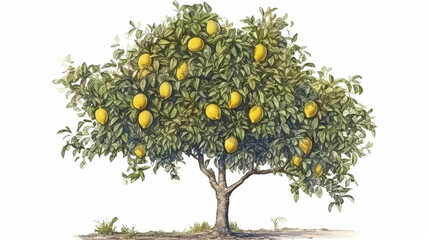 Lemon Tree with Lemons on the Ground, Watercolor Painting