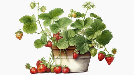 Strawberry Bush with Strawberries and Flowers in a White Pot, Watercolor Painting