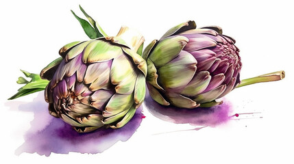 Artichokes on white surface, Watercolor Painting