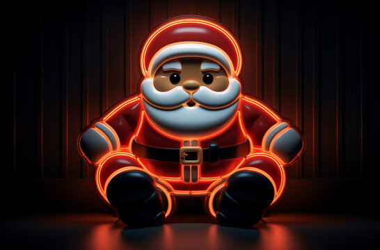 Santa Claus sitting on the floor. Neon light.