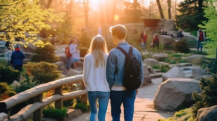 Obraz premium Couple enjoying a peaceful walk among blooming flowers.
