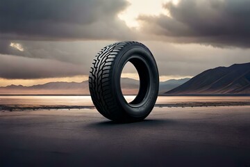 Big tire isolated with a dark background. Created with generative Ai technology.