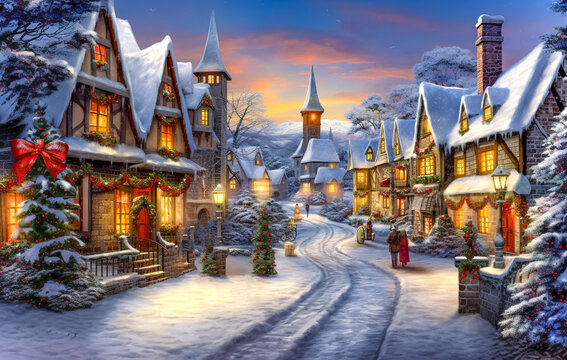 Christmas town or village with Snow in vintage style. Winter Village Landscape. Christmas Holidays. Christmas Card. 
