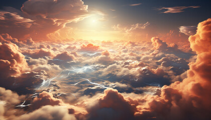Clouds in the sky create a dramatic sunset, a vibrant landscape generated by AI