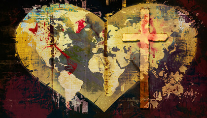 cross on heart with world map grunge begun with AI then with further editing