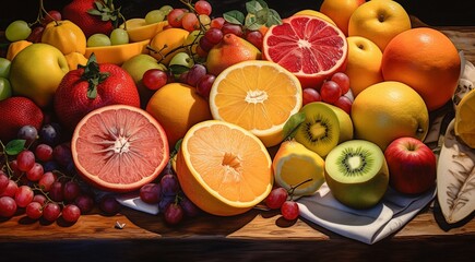 Naklejka na ściany i meble sliced fruits on the table, designed fruits on the table, sliced delicious fruits background