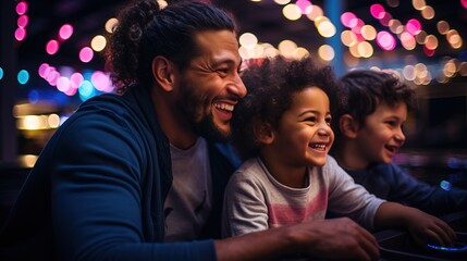 Arcade atmosphere, families laughing and enjoying a fun-filled weekend.