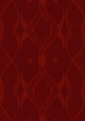Hand-drawn unique abstract symmetrical seamless ornament. Light semi transparent red on a deep red background. Paper texture. Digital artwork, A4. (pattern: p12d)