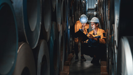 Warehouse inventory management in metalwork factory with engineer conduct storage check and quality control assessment on cylinder rolled metal for civil engineering project. Panorama Exemplifying