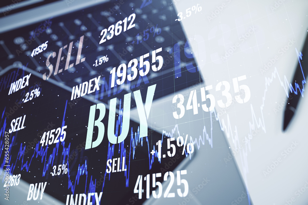 Poster multi exposure of abstract creative financial chart on computer background, research and analytics c