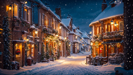 Cute village street, houses, winter, snow - obrazy, fototapety, plakaty