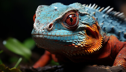 Fototapeta premium A cute green iguana looking at camera in tropical rainforest generated by AI