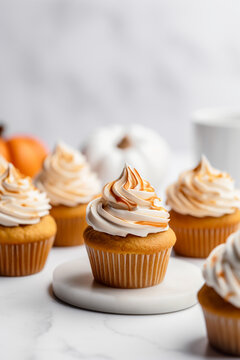 Pumpkin cupcakes on a wooden table photo for a food bl, generative ai
