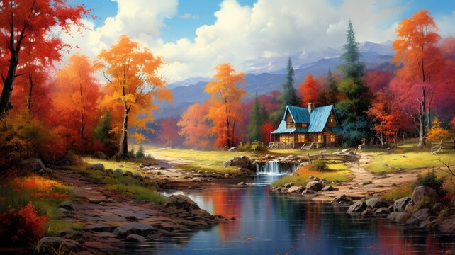 Amazing autumn tree oil painting wallpaper picture AI generated art