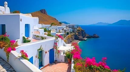 Zelfklevend Fotobehang Captivating View of Panarea Island's Bright and Colourful Mediterranean Architecture in Sicilia, Italy © AIGen