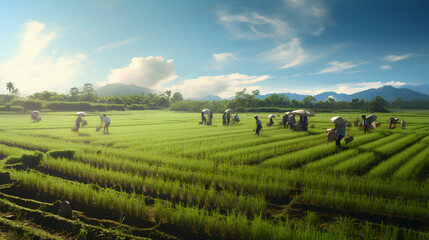 Fototapeta na wymiar a potrait of large ricefield, with mountain background
