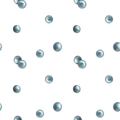 Watercolor seamless pattern with blue blueberry berries on a white background, in vintage style. Illustration. Template for printing wallpaper, textiles, stationery, packaging, bed linen, web design