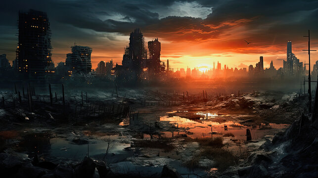 dark dystopian city metropolis in the sunset