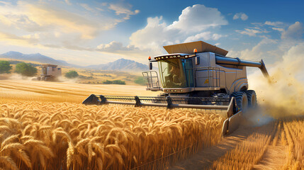 Fototapeta premium illustration of wheat farmers harvesting wheat in a very large field