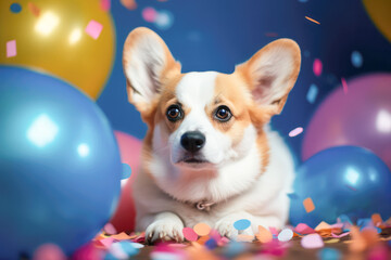 Cute cheerful white welsh corgi puppy with colored balloons on birthday party. Holiday and birthday concept