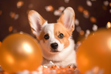 Fototapeta na wymiar Cute cheerful white welsh corgi puppy with orange balloons on birthday party. Holiday and birthday concept