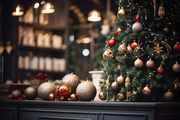 Modern store shop counter with festive christmas home decoration. - obrazy, fototapety, plakaty
