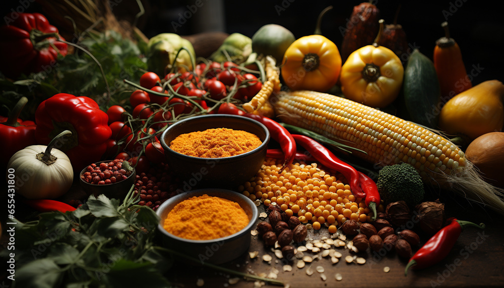 Poster Freshness and variety on a wooden table, a gourmet vegetarian meal generated by AI