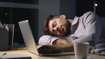 Tired businessman sleeping on laptop at night in office late at night