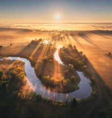 Aerial view of beautiful curving river in low clouds at sunrise in autumn in Ukraine. Turns of river, meadows and fields, grass, orange trees, golden sun rays at dawn in fall. Top view of river coast