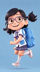 A cute cartoon girl with glasses and a backpack ready for adventure