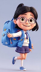 A cute cartoon girl with glasses and a blue backpack