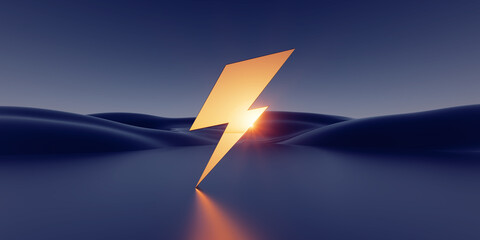 3d render. Abstract minimalist background of futuristic sunset landscape, golden lightning symbol, hills and reflection. Surreal aesthetic wallpaper