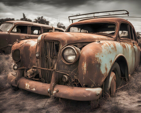 Old rusty car from the sixties in a junkyard