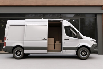 White delivery van with cardboard boxes in front of store.