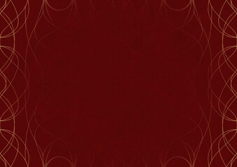 Deep red textured paper with vignette of golden hand-drawn pattern. Copy space. Digital artwork, A4. (pattern: p10-1b)