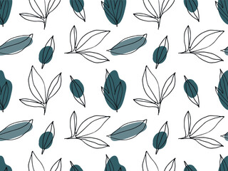 Seamless Peony leaves sketch background in simple trendy minimalistic style. Hand drawn Linear leaves with green pink spots. Repeated Natural illustration for wallpaper, wrapping paper, textile.
