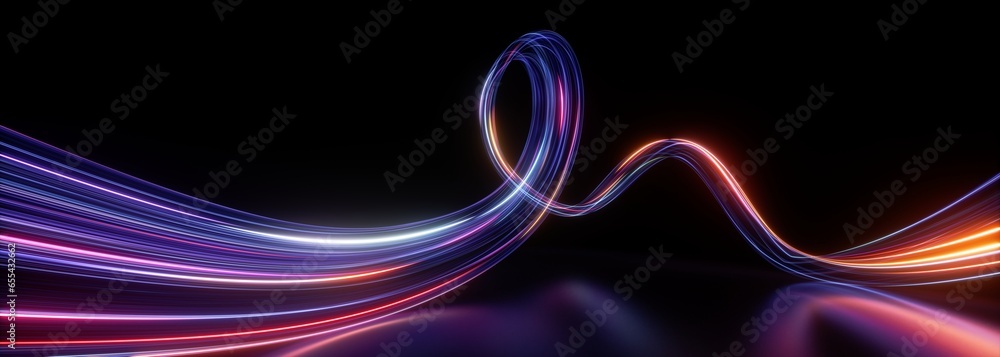 Aufkleber 3d render. abstract panoramic background of twisted dynamic neon lines glowing in the dark room with