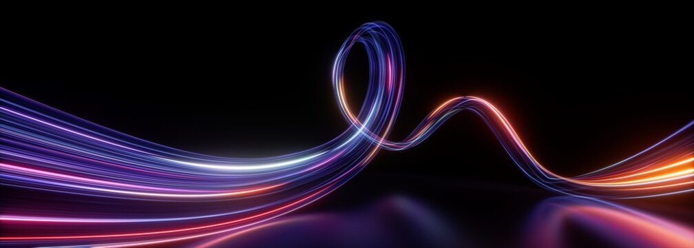 3d render. Abstract panoramic background of twisted dynamic neon lines glowing in the dark room with floor reflection. Virtual fluorescent ribbon loop. Fantastic minimalist wallpaper