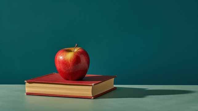 Red apple on a book on a green background. Education concept.
