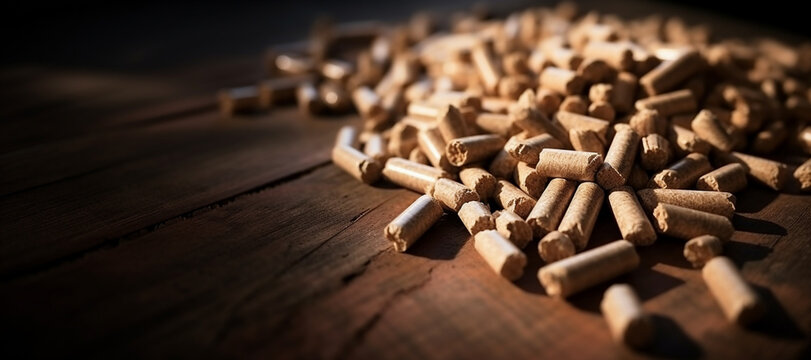 Pile of wood pellets on wooden plank floor, panoramic image, eco concept, renewable, economy