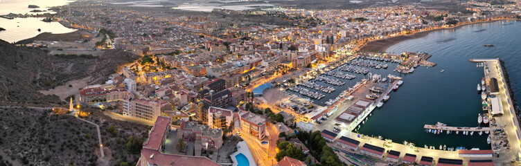 Fototapeta premium Puerto Deportivo de Mazarrón y localidad , vista aérea panorámica