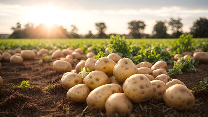 A field filled with ripe potatoes ready for harvest - obrazy, fototapety, plakaty