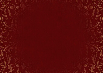 Deep red textured paper with vignette of golden hand-drawn pattern. Copy space. Digital artwork, A4. (pattern: p11-1a)