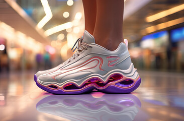 Fancy futuristic sneakers athletic shoes footwear in shopping mall. Generated AI illustration image. Future fashion concept