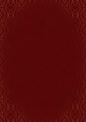 Deep red textured paper with vignette of golden hand-drawn pattern. Copy space. Digital artwork, A4. (pattern: p10-1f)