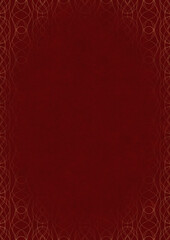 Deep red textured paper with vignette of golden hand-drawn pattern. Copy space. Digital artwork, A4. (pattern: p10-1f)