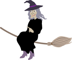 Halloween editable vector illustration element of cute, fun and spooky flying wicked witch in black costume  pointing left on a  broom