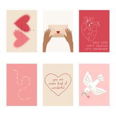 Set of cute posters with quotes about love, Valentine's Day greeting cards in modern, trendy colors.