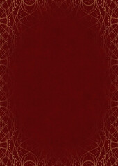 Deep red textured paper with vignette of golden hand-drawn pattern. Copy space. Digital artwork, A4. (pattern: p10-2e)